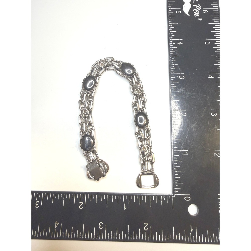 Vintage Silver Tone Hematite Cabochon Link Bracelet Scroll Detail Industrial